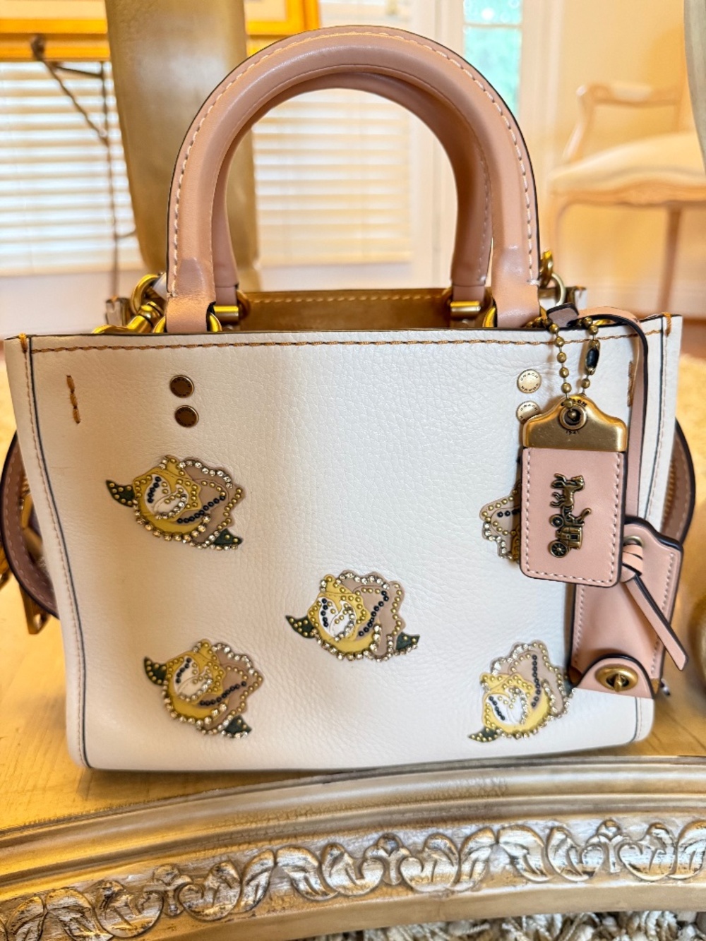 Coach Rogue 25 Tea Rose Appliqué Satchel Chalk Glovetanned Leather RARE